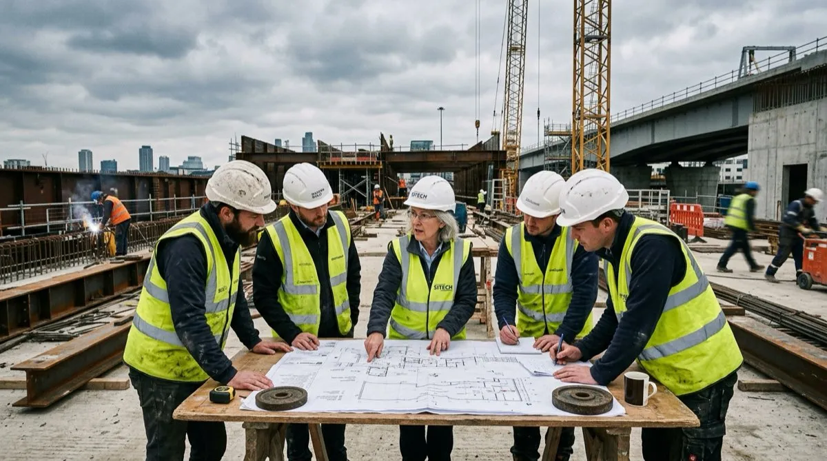 Engineers inspect blueprints on site to mitigate structural construction risks