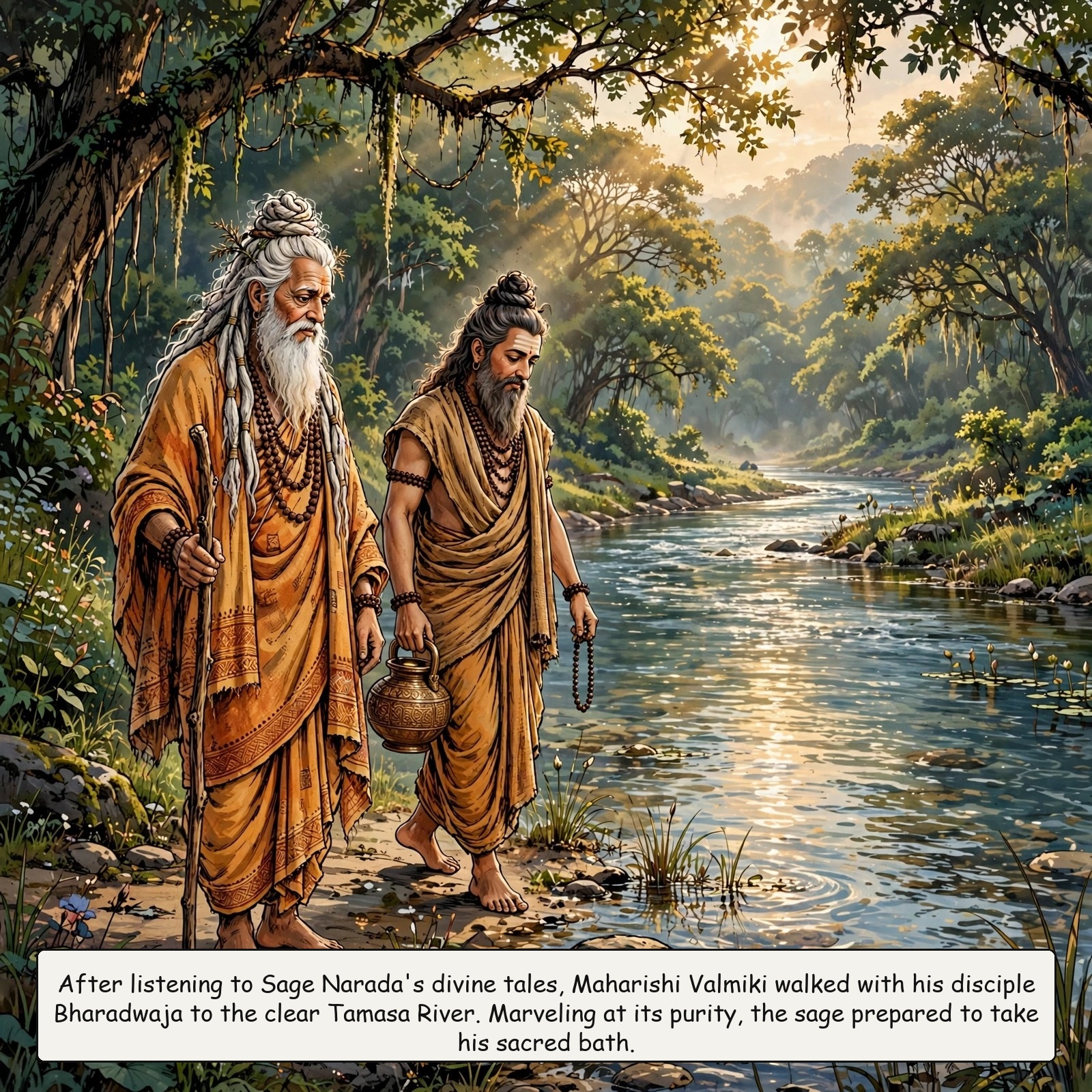 Valmiki witnesses the hunter killing a krauncha bird; spontaneous emergence of the first Shloka